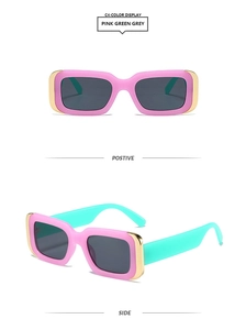 Front and side views of pink square sunglasses with green temples and gold metal accents