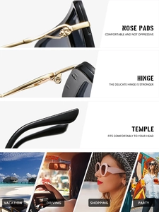 Detalle de gafas de sol cuadradas con bisagras metálicas reforzadas y almohadillas nasales