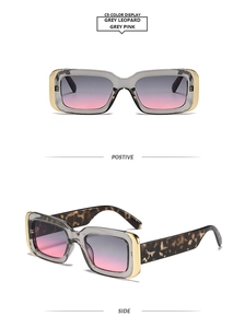 Detail view of square grey leopard sunglasses with pink gradient lenses and gold accents