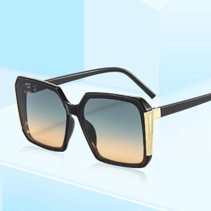 Chic square frame sunglasses with gold temples and gradient blue-to-orange lenses