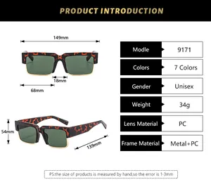 Detailed sizing chart and specifications for vintage square frame sunglasses model 9171