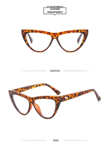 Detail view of leopard print cat eye frames with transparent lenses for women