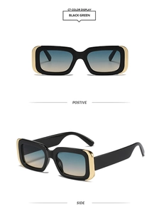 Detail of black rectangle sunglasses with gold accents and blue-yellow gradient lenses