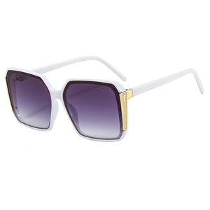 Modern square white frame sunglasses with purple gradient lenses and gold accents