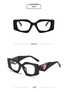 Detail of square black frame sunglasses with marble triangle logo on the temple