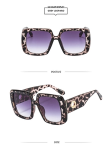 Oversized grey leopard square sunglasses with purple gradient lenses and gold temple detail