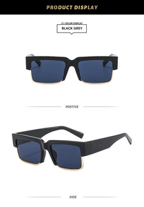 Front and side view of square vintage sunglasses with black frame and gold metal accents