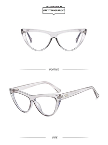 Macro view of transparent grey cat-eye frames with side metal detailing on temples