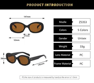 Detailed size chart for retro oval sunglasses showing dimensions and PC material specs