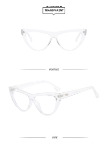 Front and side view of transparent cat eye eyewear frames with glossy finish details