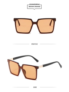 Front and side view of square frame sunglasses with brown orange lenses and metal striped arms