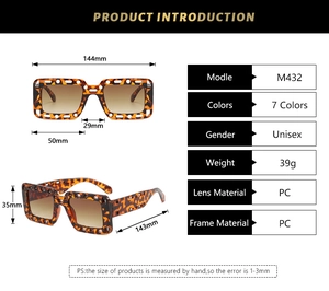 Detailed dimension chart showing 144mm width and size specs for square leopard sunglasses