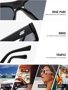 Detail view of cat-eye sunglasses with integrated nose pads and reinforced metal hinges