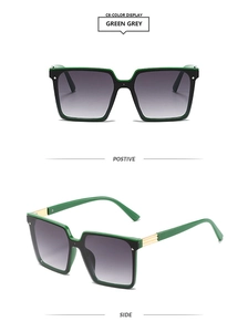 Front and side views of square oversized sunglasses in black and green with gold accents