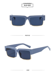 Front and side view of square sunglasses with blue-grey upper frame and gold metal rim