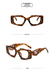 Front and 45-degree side views of leopard print square frame glasses with marble detail