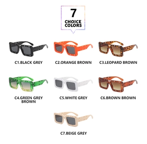 Display of hollow-out square frame sunglasses in seven trendy candy colors