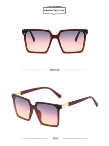 Detail view of square oversized sunglasses in brown grey pink gradient with gold accents