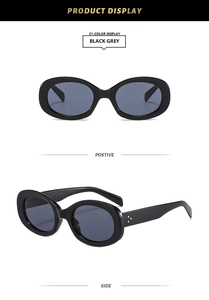 Front and side view of oval black sunglasses with metallic triple-dot temple accents