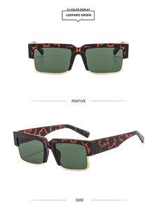 Front and side views of leopard print square sunglasses with gold metal rims and green lenses