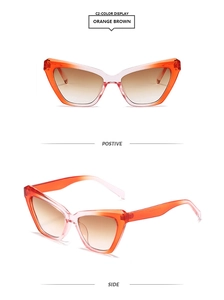 Détails de lunettes œil de chat avec monture dégradée orange brun et verres teintés
