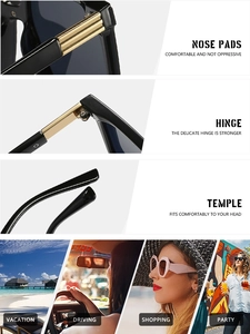 Detail of square sunglasses with gold hinges and beach lifestyle scenes