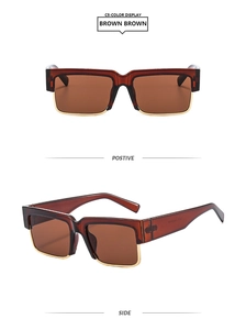 Front and side view of brown semi-rimless square sunglasses with gold metal frames