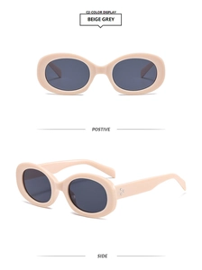 Front and side view of oval beige grey vintage sunglasses with dark grey lenses