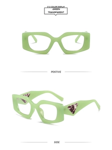 Front and side view of square green transparent sunglasses with tortoiseshell accents