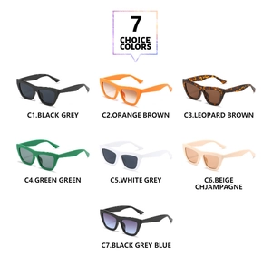 Detailed collection of cat eye sunglasses in seven colors on a white background