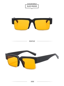 Front and side views of stylish square sunglasses with gold metal frame and orange lenses