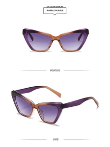 Détails de lunettes de soleil œil de chat violettes avec monture dégradée ambre et mode
