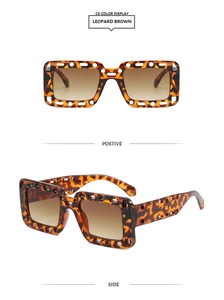 Front and side view of leopard print square sunglasses with hollow-out frame details