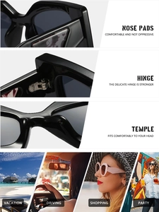 Detail view of reinforced metal hinges and ergonomic nose pads on square frame sunglasses