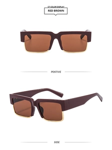 Detail view of red brown square sunglasses frame with vintage gold metal accents