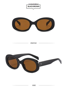 Detail of vintage black oval sunglasses with triple silver rivets and brown lenses