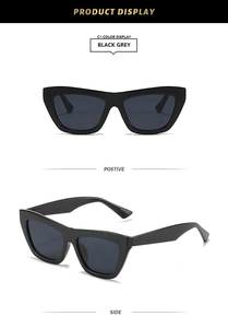Detailed front and side view of thick black cat-eye sunglasses with dark grey lenses