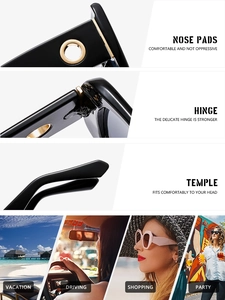 Detail of square sunglasses with reinforced metal hinges and comfortable nose pads