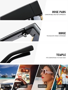 Detail of sturdy metal hinges and comfortable nose pads on black square sunglasses