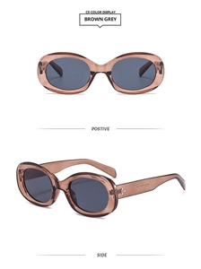 Detail view of oval brown grey sunglasses with transparent frames and dark lenses