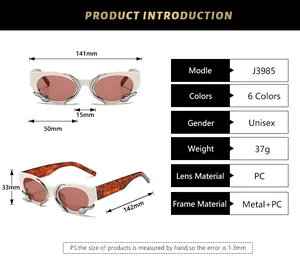 Detailed size specifications for J3985 chic square frame sunglasses with metal snake temples