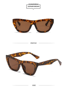 Detail view of Leopard Brown cat eye sunglasses with thick temples and dark brown lenses