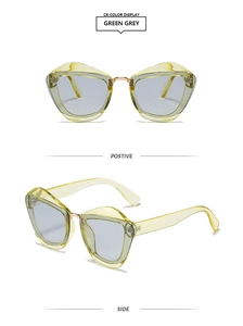 Detailed front and side views of cat eye sunglasses with yellow frames and grey lenses