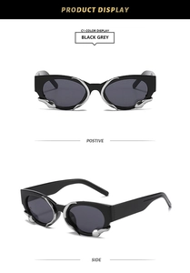 Detailed views of black square sunglasses with silver liquid metal snake-like frame accents