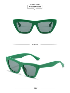 Front and side view of trendy green cat eye sunglasses with thick frames and grey lenses