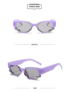 Detail view of purple rectangle sunglasses with silver flame metal accents and grey lenses