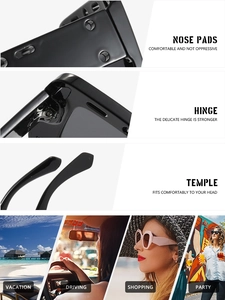 Detail view of black square sunglasses featuring durable hinges and ergonomic nose pads
