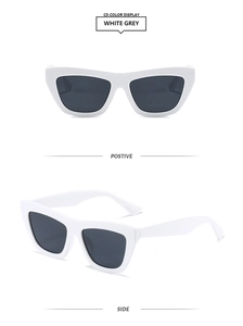 Front and side view of cat eye white frame sunglasses with dark grey lenses