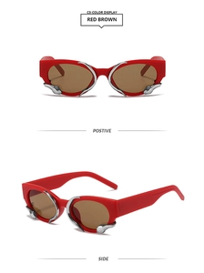 Detail of red square sunglasses with silver liquid metal accents and red brown lenses