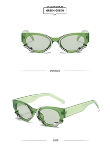 Detail of green square sunglasses with silver snake stream-line decorative metal accents